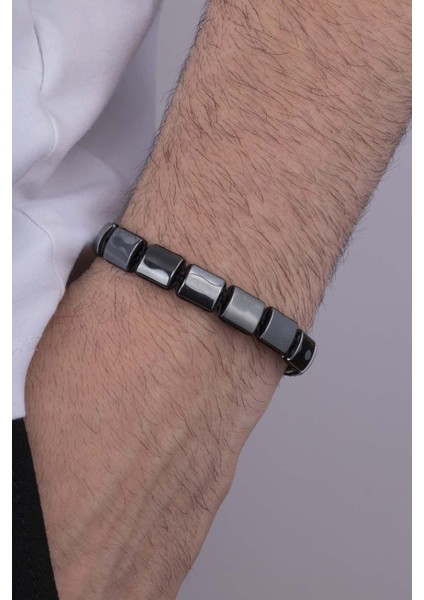 Dikdörtgen Kesim Hematit Taşlı Doğal Taş Erkek Bileklik