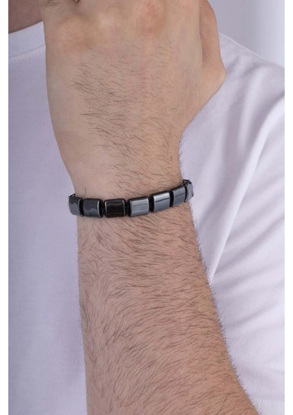 Dikdörtgen Kesim Hematit Taşlı Doğal Taş Erkek Bileklik modelleri