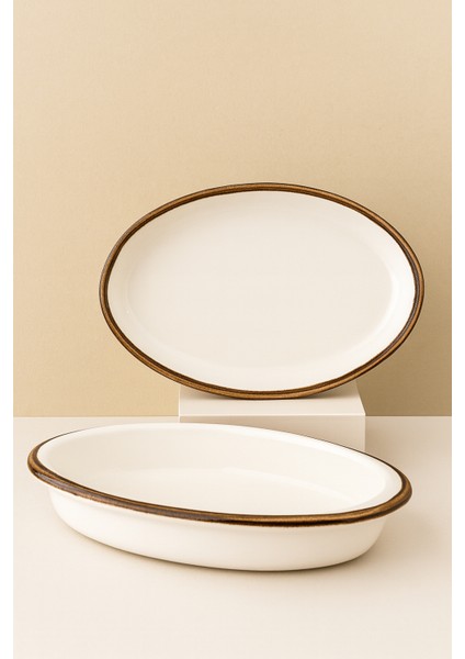 Oval Derin Seramik Fırın Kabı – Rustik Detaylı 2li Set
