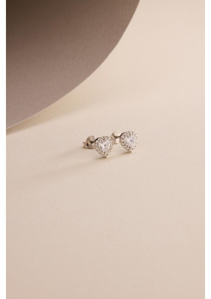 925 Ayar Gümüş Rodyum Kaplama Beyaz Taşlı Kalp Model Küpe