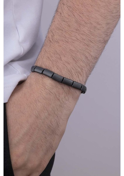 Dikdörtgen Kesim Hematit Taşlı Doğal Taş Mat Yüzey Erkek Bileklik