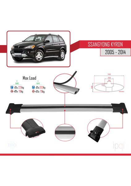 Ssangyong Kyron 2005-2014 Arası ile Uyumlu Fly Model Ara Atkı Tavan Barı Gri 3 Adet modelleri