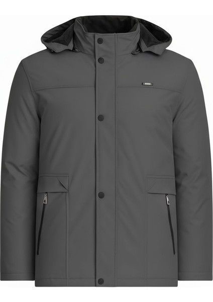 Erkek Gri %100 Su ve Rüzgar Geçirmez Kürklü Çıkartılabilir Kapüşonlu Mont&kaban