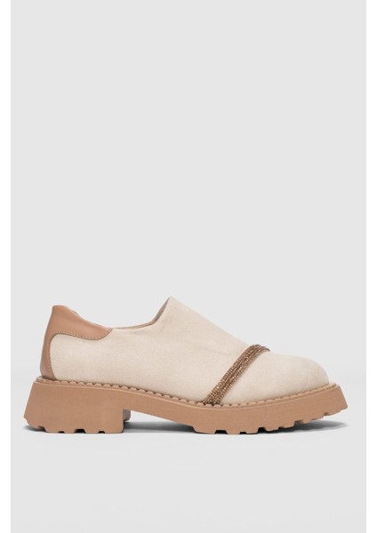 Nivan Ön Taşlı Aksesuar Detaylı Kadın Loafer-Ekru Süet