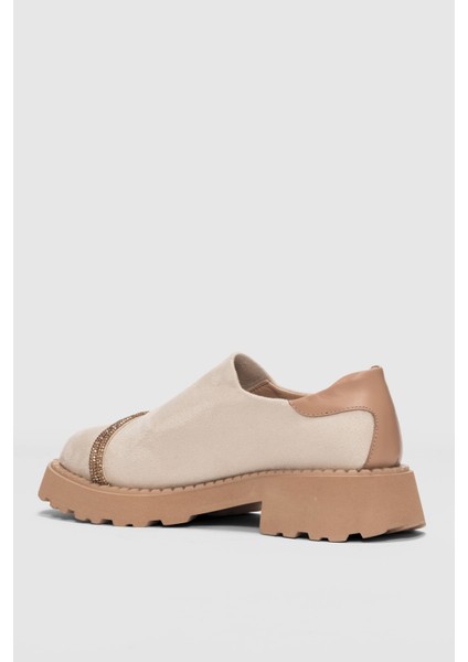Nivan Ön Taşlı Aksesuar Detaylı Kadın Loafer-Ekru Süet modelleri