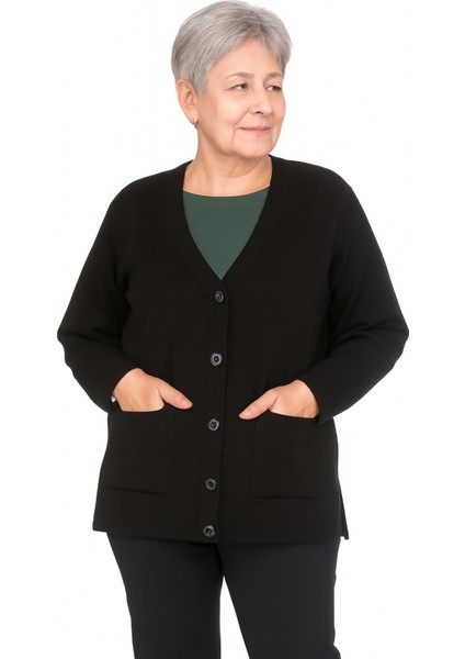 Düğmeli Cepli Çelik Örgü Klasik Anne Hırka