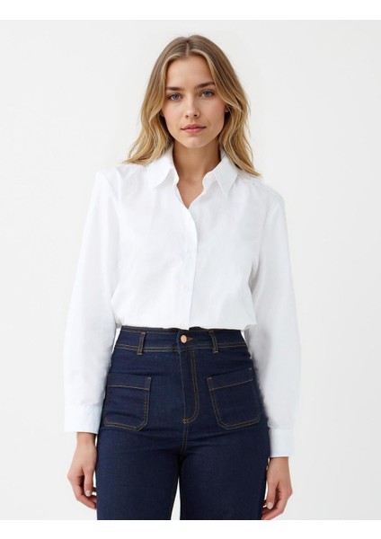 Beyaz %100 Pamuk Düz Kesim Uzun Kollu Dokuma Gömlek