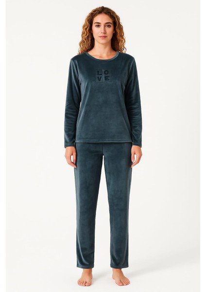 Kadın 13166-2688 Uzun Kol Kadife Pijama Takımı Petrol