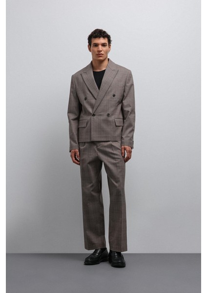 Kahve Ekoseli Kruvaze Erkek Blazer Ceket