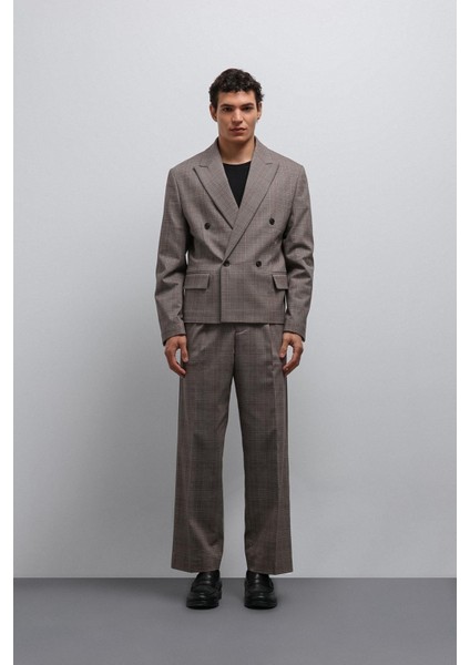 Kahve Ekoseli Kruvaze Erkek Blazer Ceket