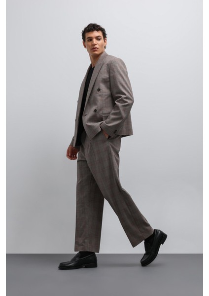 Kahve Ekoseli Kruvaze Erkek Blazer Ceket