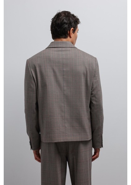 Kahve Ekoseli Kruvaze Erkek Blazer Ceket