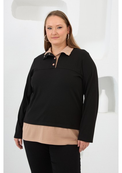 Büyük Beden Iki Renkli Polo Yaka Sweatshirt