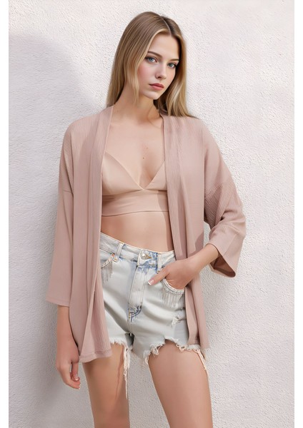 Kadın Bdart Dokulu Rahat Fit Şal Yaka Kimono Bej Doğal