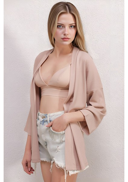 Kadın Bdart Dokulu Rahat Fit Şal Yaka Kimono Bej Doğal fırsatları