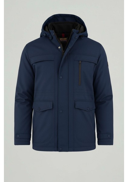 Erkek Lacivert Pamuk Polyester Karışımlı Kürklü Çıkartılabilir Kapüşonlu Mont&kaban