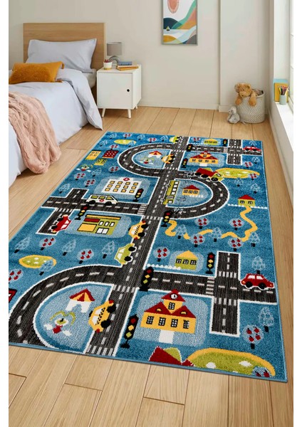 Oyun Şehri Çocuk Oyun Halısı | 3 Boyutlu Araba Yolu Desenli, Tozumaz, Kolay Temizlik, Jüt Tabanlı
