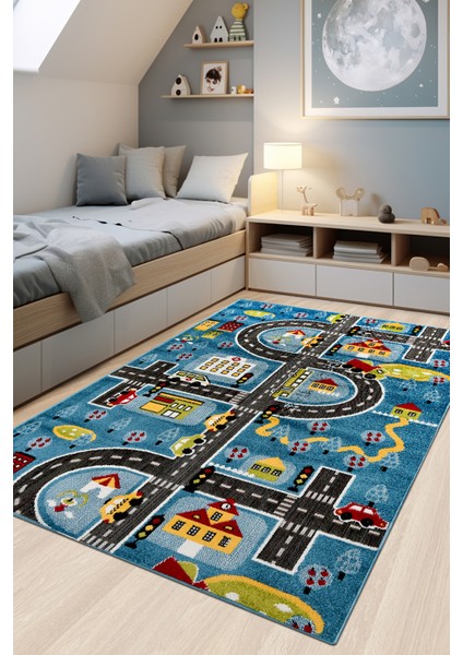 Oyun Şehri Çocuk Oyun Halısı | 3 Boyutlu Araba Yolu Desenli, Tozumaz, Kolay Temizlik, Jüt Tabanlı modelleri