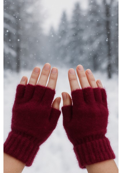 Bordo Peluş Kışlık Kesik Parmak Eldiven (Standart)