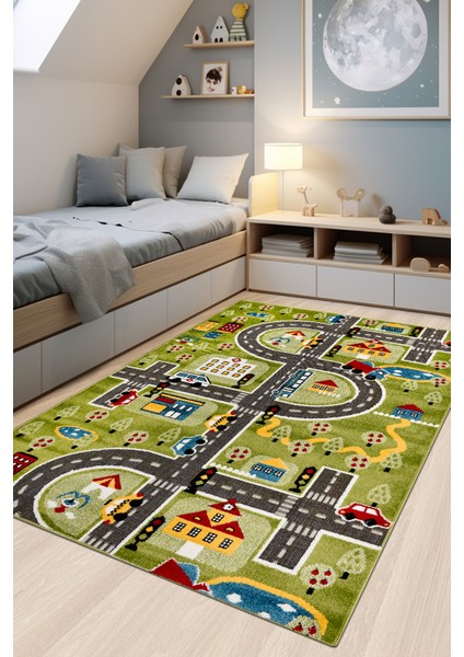 Oyun Şehri Çocuk Oyun Halısı | 3 Boyutlu Araba Yolu Desenli, Tozumaz, Kolay Temizlik, Jüt Tabanlı modelleri