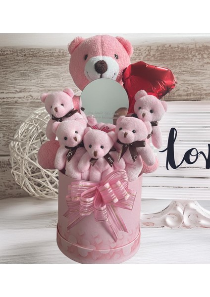Mesajlı Ayna ve Kalpli Kutuda Pembe Delüxe Peluş Ayıcık Buketi – Romantik Hediye Seti
