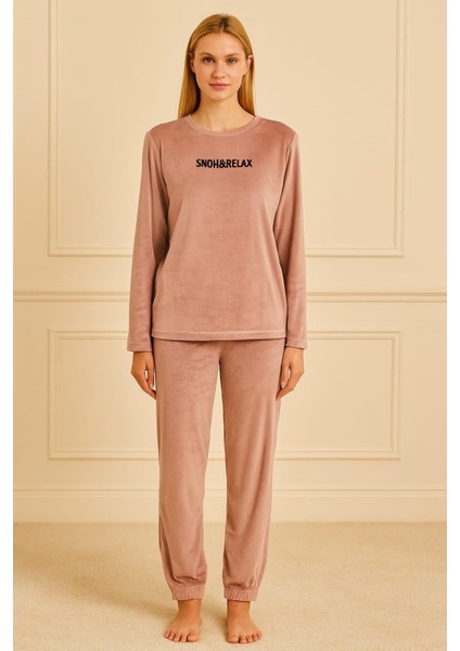 Kadın 13164-2650 Uzun Kol Kadife Pijama Takımı Pudra