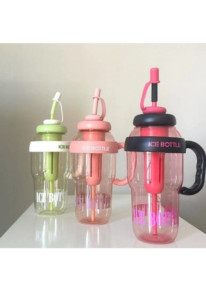 Ice Cream Tasarımlı Pipetli Suluk 1.3 Litre Büyük Hacimli, Şeffaf Renkli Matara, Sızdırmaz Kapak