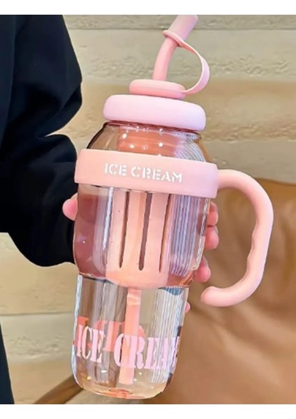 Ice Cream Tasarımlı Pipetli Suluk 1.3 Litre Büyük Hacimli, Şeffaf Renkli Matara, Sızdırmaz Kapak fiyatları