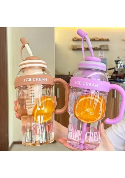 Ice Cream Tasarımlı Pipetli Suluk 1.3 Litre Büyük Hacimli, Şeffaf Renkli Matara, Sızdırmaz Kapak modelleri