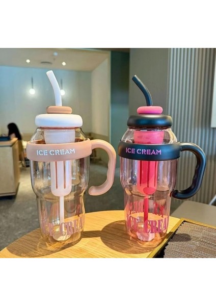 Ice Cream Tasarımlı Pipetli Suluk 1.3 Litre Büyük Hacimli, Şeffaf Renkli Matara, Sızdırmaz Kapak fırsatları