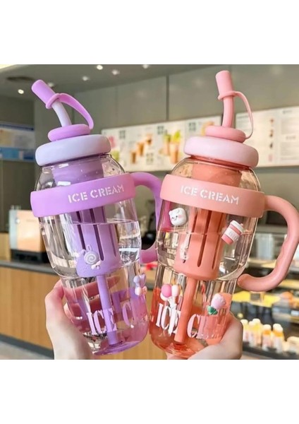 Ice Cream Tasarımlı Pipetli Suluk 1.3 Litre Büyük Hacimli, Şeffaf Renkli Matara, Sızdırmaz Kapak indirimleri