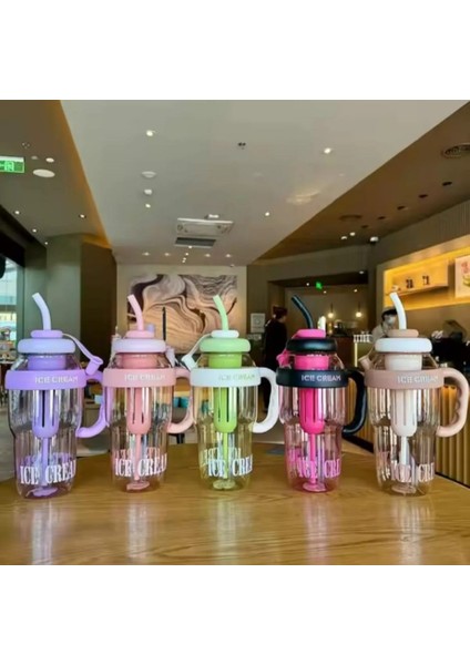 Ice Cream Tasarımlı Pipetli Suluk 1.3 Litre Büyük Hacimli, Şeffaf Renkli Matara, Sızdırmaz Kapak