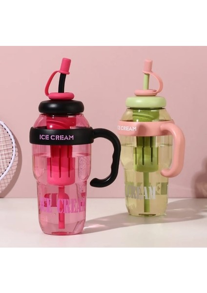 Ice Cream Tasarımlı Pipetli Suluk 1.3 Litre Büyük Hacimli, Şeffaf Renkli Matara, Sızdırmaz Kapak