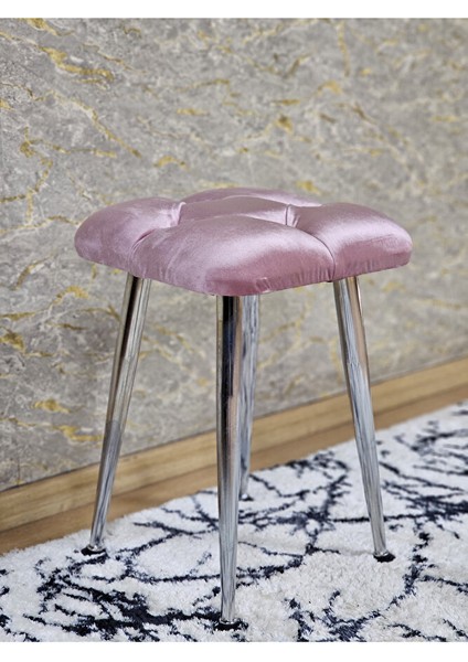 Kare Krom Kaplama Konik Ayaklı Tabure - Oturak - Bar Taburesi - Ayaklı Tabure Pembe Renk 48 x 33 Boyut/ebat