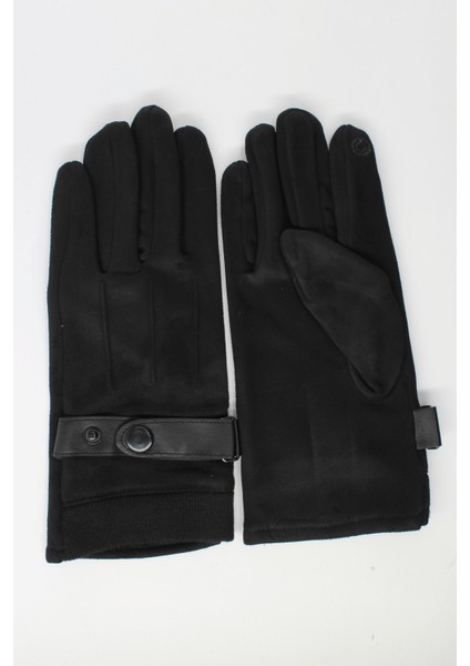 Erkek Siyah Süet Dokunmatik Uyumlu Pelüş Astarlı Tokalı Eldiven -Bilek Lastikli