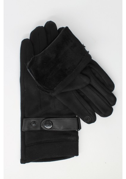 Erkek Siyah Süet Dokunmatik Uyumlu Pelüş Astarlı Tokalı Eldiven -Bilek Lastikli fiyatları