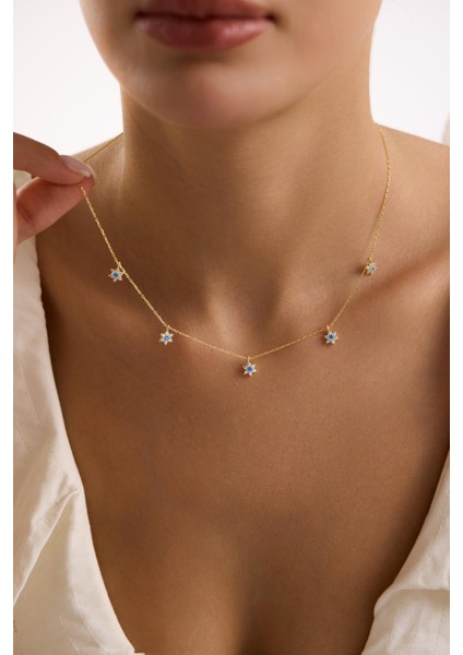 925 Ayar Gümüş Gold Kaplama Aquamarin Taşlı Minimal Çiçek Şans Kolye