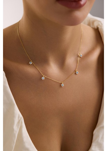 925 Ayar Gümüş Gold Kaplama Aquamarin Taşlı Minimal Çiçek Şans Kolye modelleri