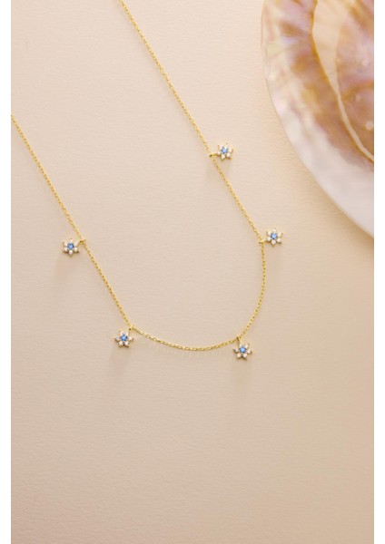 925 Ayar Gümüş Gold Kaplama Aquamarin Taşlı Minimal Çiçek Şans Kolye fırsatları