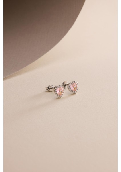 925 Ayar Gümüş Rodyum Kaplama Pembe Taşlı Kalp Model Küpe