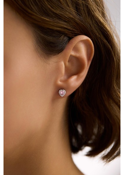 925 Ayar Gümüş Rodyum Kaplama Pembe Taşlı Kalp Model Küpe modelleri