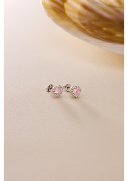 925 Ayar Gümüş Rodyum Kaplama Pembe Taşlı Kalp Model Küpe fırsatları