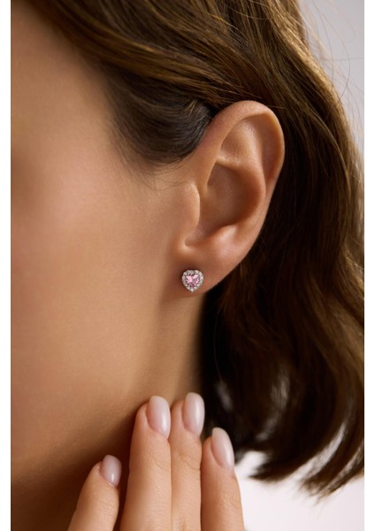 925 Ayar Gümüş Rodyum Kaplama Pembe Taşlı Kalp Model Küpe indirimleri