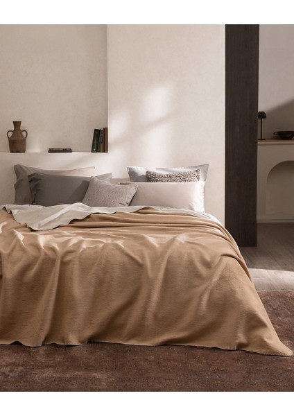 Caureo Tek Kişilik Jakarlı Pamuklu Battaniye - Bej/ekru