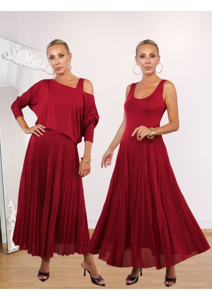 Buketli Kadın Içi Kolsuz Eteği Tül Pliseli Üstü Kısa Bluzlü Iki Parçalı Elbise