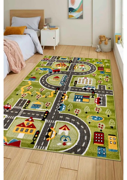 Oyun Şehri Çocuk Oyun Halısı | 3 Boyutlu Araba Yolu Desenli, Tozumaz, Kolay Temizlik, Jüt Tabanlı