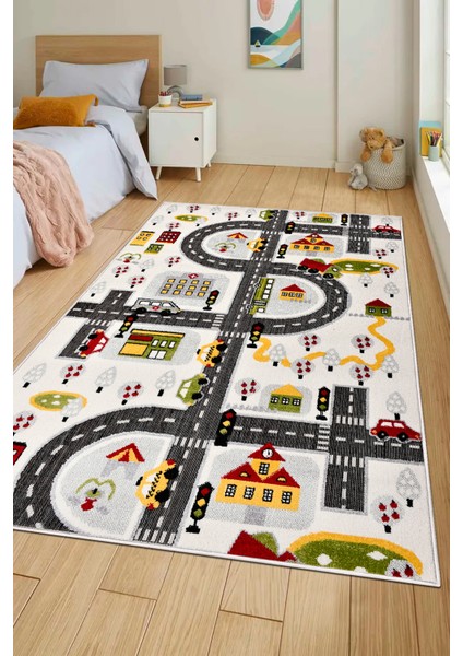 Oyun Şehri Çocuk Oyun Halısı | 3 Boyutlu Araba Yolu Desenli, Tozumaz, Kolay Temizlik, Jüt Tabanlı