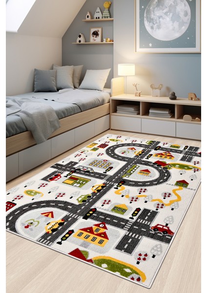 Oyun Şehri Çocuk Oyun Halısı | 3 Boyutlu Araba Yolu Desenli, Tozumaz, Kolay Temizlik, Jüt Tabanlı modelleri