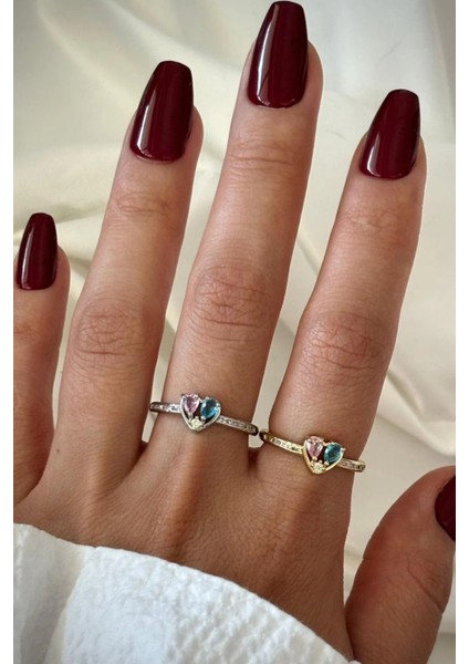 Ithal Seri Renkli Zirkon Taşlı Zarif Kalp Tasarım Ayarlanabilir Kadın Çelik Yüzük modelleri