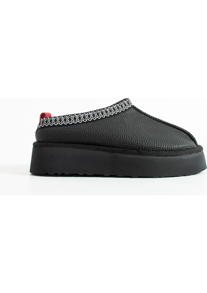 Cilt Deri Içi Kürklü Düz Taban Sabo Kışlık Kadın Terlik